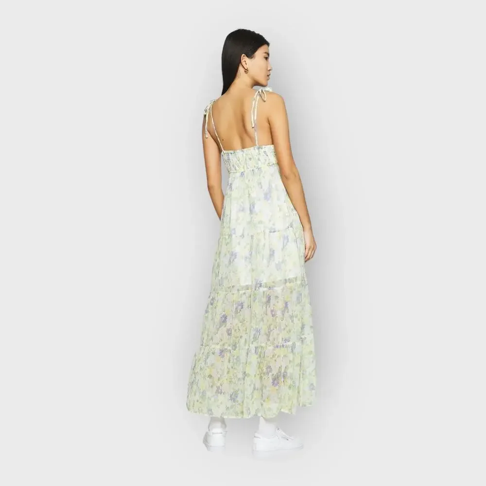 Abercrombie Green Maxi Dress XL Floral Tiered Strappy Resortwear